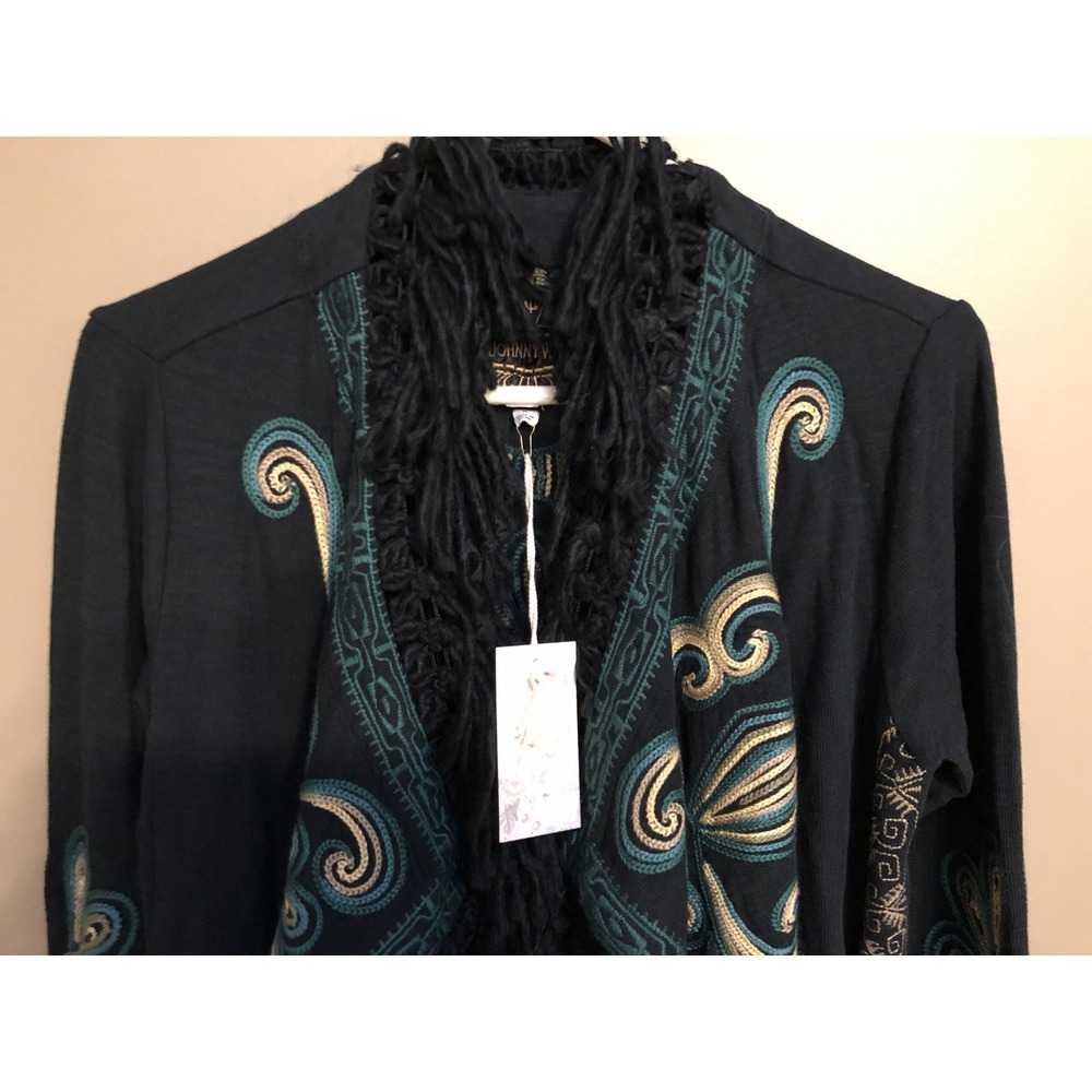 Johnny Was Biya Welda Embroidered Draped Cardigan Sweater Fringe NWT Size M Boho